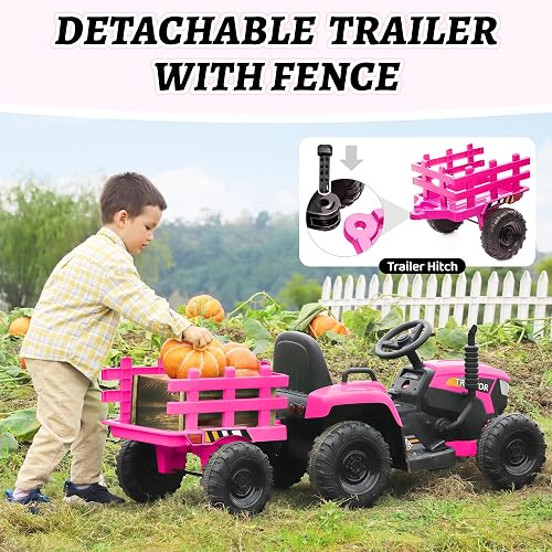 TOBBI Kids Electric Ride On Toy Tractor, Toddlers 12V Battery-Powered Car to Drive, 35W Dual Motor 6-Wheels Trailer Vehicle with 3-Speeds/LED & Horn Functions for Chirdren Aged 3-8-Pink thumbnail 5
