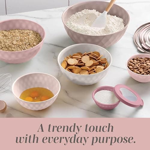 COOK WITH COLOR Mixing Bowls with Lids - 12 Piece Plastic Nesting Bowls Set includes 6 Prep Bowls and 6 Lids, Diamond Design - Microwave Safe, Pink thumbnail 2