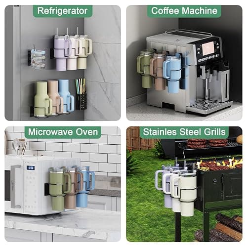 Magnetic Cup Holder for Fridge, Aufworld Tumbler Organizer Fits 20/30/40 oz Stanley Cups, Accessory Storage with Lid & Straw Holder, Space-Saving Storage Rack for Kitchen Fridge (Black-Cup Holder Set) thumbnail 6
