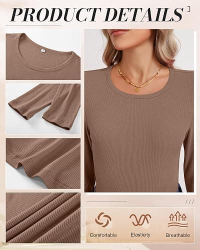 Ficerd 3 Pack Women's Ribbed Long Sleeve Tops, Crew Neck Slim Fit Undershirts Knit Basic Casual Stretch Layering Tee Shirts thumbnail 5