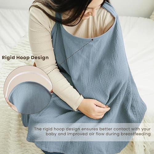 Konssy Muslin Nursing Cover for Baby Breastfeeding, Breathable 100% Cotton Breastfeeding Cover with Rigid Hoop for Mother Nursing Apron, Multi-use Carseat Canopy (Blue) thumbnail 4