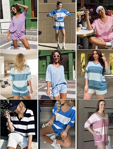 Ekouaer Two Piece Sets for Women Summer Lounge Sets 2026 Striped Shirts and Shorts Set Oversized Matching Outfit thumbnail 7