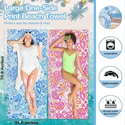 2 Pack Pink Blue Ocean Seashells Starfish Boho Beach Towel Microfiber Lightweight Quick Dry Oversized Swim Towels Beach Accessories Cruise Vacation Necessities for Pool Camping Travel 32x71 inch thumbnail 3
