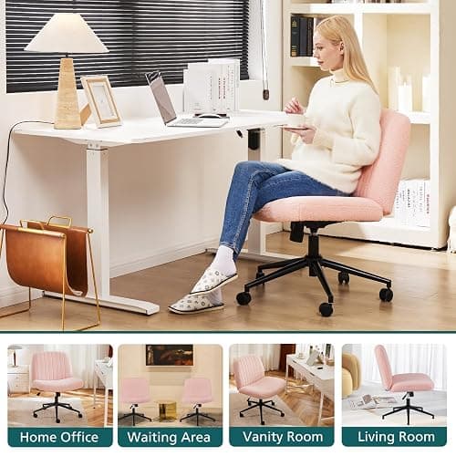 OLIXIS Criss Cross Chair with Wheels, Vanity Chair, Home Office Desk | Furry Teddy Fleece, Wide Seat Armless, Height Adjustable Swivel, Home Computer Task, Bedroom, Study, Pink Teddy thumbnail 7