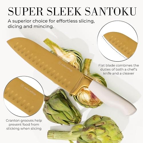 White and Gold Knife Set with Block - 14-Piece White Knife Set with Block and Built-In Sharpener – Titanium-Coated High Carbon Stainless Steel Blades - Gold Kitchen Accessories - Great for Gifting thumbnail 8