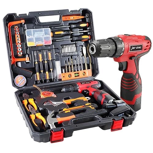 108 Piece Power Tool Combo Kits with 16.8V Cordless Drill, Household Tools Set with DIY Hand Tool Kits for Professional Garden Office Home Repair Maintain-Black/Red - Red Tool Kit With Drill