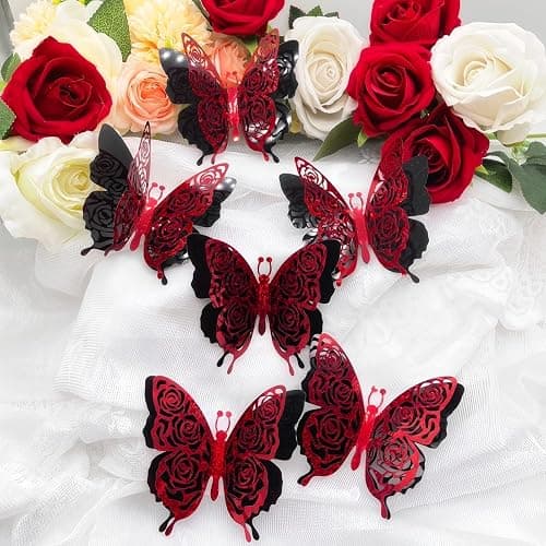 Rchovsam 3D Butterfly Wall Decor Party Rose Butterfly Sticker Decoration 3.85x4.6 inche Red Black Double Deck Removable Sticker for Birthday Holiday Party Decoration-6pcs thumbnail 2