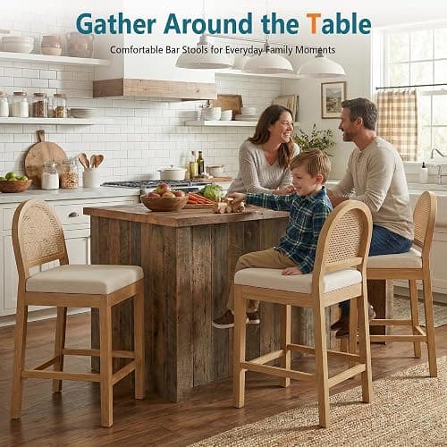 STHOUYN Upholstered Rattan Bar Stools Set of 4, Wooden Counter Height Stools with Natural Rattan Woven Back and Chenille Seat, Mid-Century Modern Island Chairs Barstools for Kitchen (4, Cream White) thumbnail 3