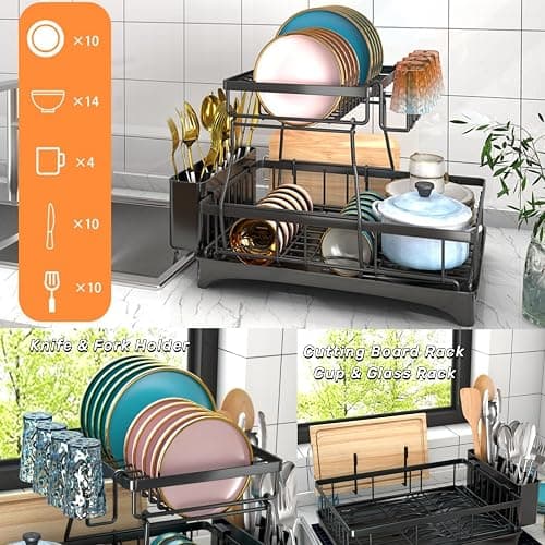 Godboat Dish Drying Rack, 2-Tier Dish Racks for Kitchen Counter, Dish Rack with Drainboard & Mat, Dish Drainer with Knife, Fork & Cup Rack, Gifts for Women, Mothers Day, Cool Stuff & Kitchen Gadgets - X-Large thumbnail 6