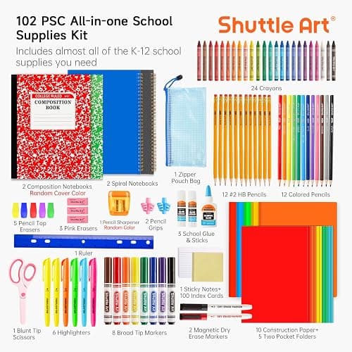 Shuttle Art 102 PCS Back to School Supplies Kit, School Supply Box for Grades K-5, School Supplies for Kids and Students, Including Pencils, Pens, Markers, Erasers, Notebooks, Folders and More thumbnail 2
