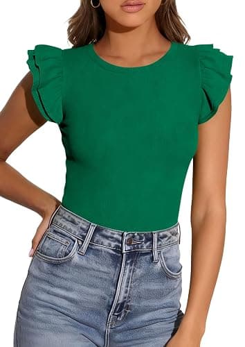 PRETTYGARDEN Womens Summer Crew Neck T Shirts 2026 Trendy Ruffle Sleeve Slim Fit Knit Going Out Tops Casual Spring Clothes thumbnail 2