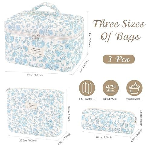 Givurao 3Pcs Cotton Quilted Makeup Bag for Women Girls, Large Floral Cosmetic Bag Set Cute Makeup Brushes Aesthetic Accessories Storage Bag Travel Toiletry Bag Organizer, Little Flower Blue thumbnail 3