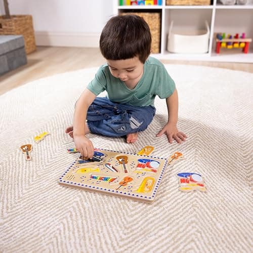 Melissa & Doug Musical Instruments Sound Puzzle - Wooden Peg Puzzle with Light-Activated Sound Effects (8 pcs) Wooden Peg Baby Music Learning Toys, for Toddlers and Preschoolers Ages 2+ thumbnail 8