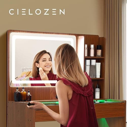 Cielozen Vanity Desk，Transparent Desktop, Multiple Color Ambient Lights, with Mirror and Tri Color Light Strip, Dressing Table with Charging Station, Equipped with 2 Drawers, Peach Colored thumbnail 6
