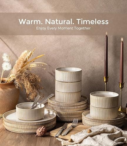 GBHOME Stoneware Dinnerware Sets for 4,12-Piece Plates and Bowls Set | Handmade Reactive Glaze Ceramic Dish Set, Scratch Resistant, Dishwasher&Microwave Safe,Cappuccino thumbnail 7