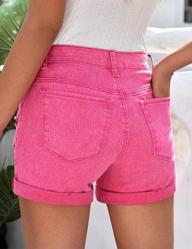 luvamia Women's Ripped High Waisted Denim Shorts Stretchy Cuffed Hem Jean Shorts thumbnail 6