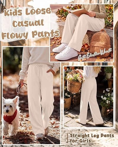 JoyMotion Girls' Wide Leg Sweatpants Kids Baggy Open Bottom Casual Pants Drawstring Waist Yoga Trousers with Pockets 5-14Y thumbnail 3