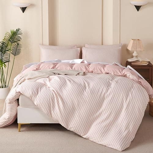 BUPIRD Pink Comforter Set Queen Size Striped 100% Soft Washed Microfiber Jacquard 3 Pieces Striped Bedding Sets Pink White Comforter Queen for All Seasons and 2 Pillowcases Comfort Breathable thumbnail 3