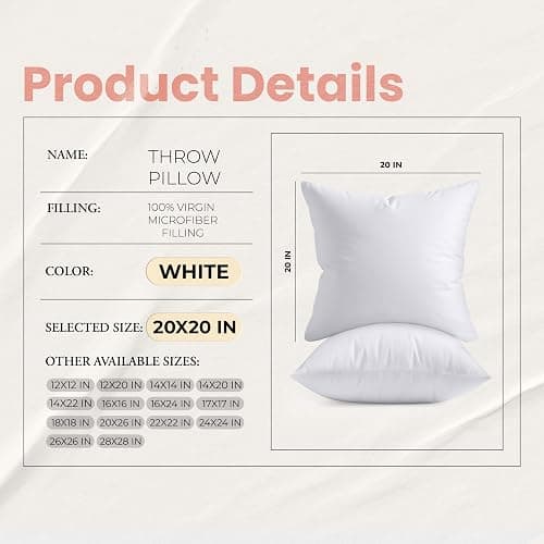 Utopia Bedding 20x20 Pillow Inserts, White Throw Pillows for Couch, 2 Pack | 100% Virgin Filling, Indoor Cushion Inserts for bed, sofa & couch, Extra Filled, Supportive & Fluffy Decorative Pillows thumbnail 3