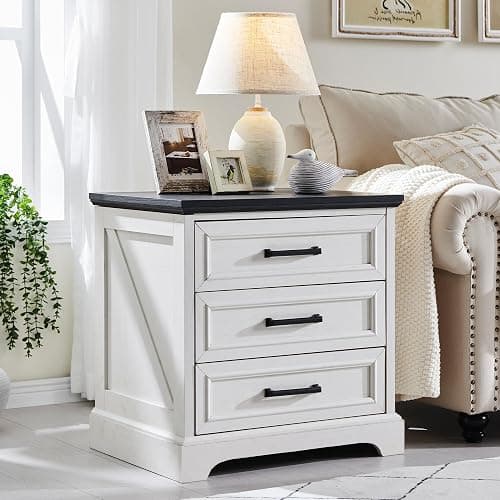 ACCOHOHO Farmhouse Nightstand with Charging Station, 22 Inch Wide End Table with 3 Large Drawers & Bar Handles, Rustic Wood Small Dresser Chest of Drawers for Bedroom, Living Room, Closet, Off White thumbnail 3