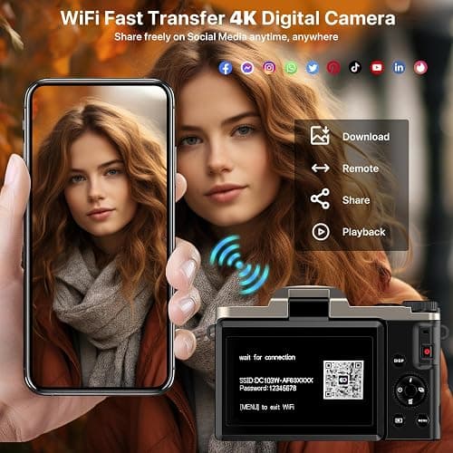 4K Digital Camera for Photography 64MP WiFi Vlogging Camera for YouTube Autofocus 3" 180° Flip Screen 16X Zoom Compact Travel Cameras with Anti-Shake, SD Card, 2 Batteries & Battery Charger thumbnail 4
