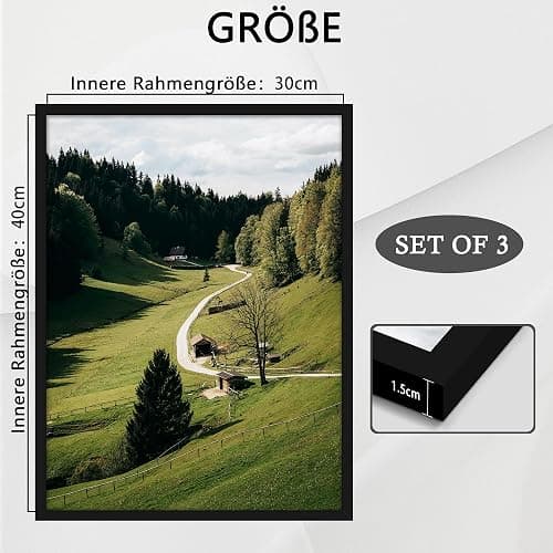 QPQIYIY Bilderrahmen 30x40 cm 3er set, Schwarz Bilderrahmen 40x30 Hergestellt aus Holzwerkstoff, Rahmen 30x40 Ideal für Fotos, Bilder, Poster thumbnail 3