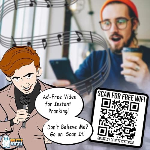 Witty Yeti Ad-Free, Realistic 2x2IN Fake WiFi Rick Roll QR Code Stickers 25 Pack. Best Bulk Practical Joke Novelty Set for April Fools. Trick Friends and Family with Hilarious Vinyl Decal Meme Prank thumbnail 6