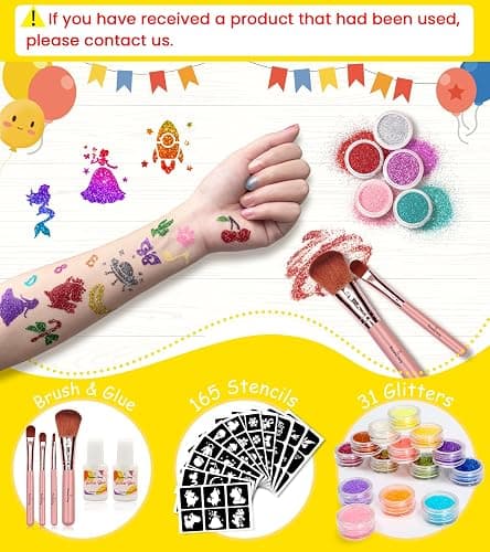 Temporary Glitter Tattoo Kids, Eleanore's Diary 31 Glitter Colors,165 Unique Stencils,2 Glue,4 Brushes,Adults & Kids Arts Glitter Make Up Kit, Gifts for Girls Boys Birthday Party Summer Festival thumbnail 2
