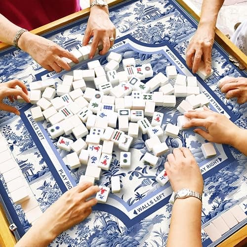 NATSUNO Blue Chinoiserie Pavilion Mahjong Mat (31.5″x31.5″), Traditional Asian Oriental Chinese Non-Slip Noise Reduction Mahjong Table Mat for American Mah Jong Poker Board Games Card Games Dominoes thumbnail 2