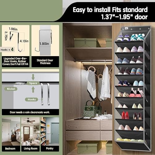 Kotkn 10 Tier Over The Door Organizer - Heavy Duty Hanging Storage Rack with Sturdy Oxford Fabric, Holds 20+ Pairs of Footwear, Boots & Sneakers, Saves 50% Closet Space (Black) thumbnail 4