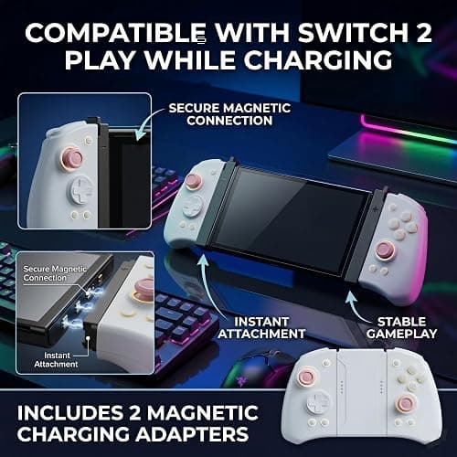 PLAYVEX Wireless Controller Compatible with Switch 2 Switch OLED and Switch Lite Includes Magnetic Charging Adapters Hall Effect Joysticks RGB Turbo Motion Control Grip Stand thumbnail 2