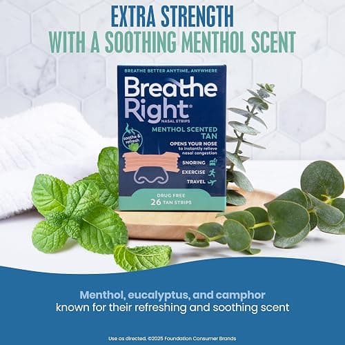 Breathe Right Extra Strength Nasal Strips, Menthol Scented, Drug Free, Less Snoring & Better Breathing from Nasal Congestion, Tan, 26 Count thumbnail 2