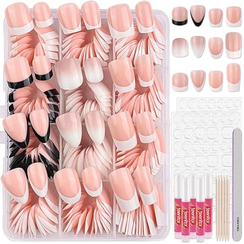 Teenitor Almond French Tip Black Press On Nails - Short, Medium Coffin Shapes - Glue On Nails Kit - Image 1