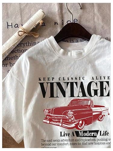 RoseSeek Women's Graphic Letter Tee Crew Neck Drop Shoulder Trendy Summer T Shirt Short Sleeve Vintage Car Print Top thumbnail 3