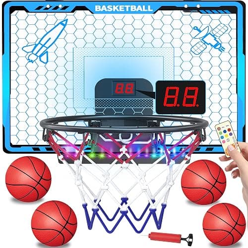 Awsoo Indoor Basketball Hoop for Kids, Mini Basketball Hoop with Electronic Scoreboard & LED Lights, Over The Door Basketball Hoop with 4 Balls, Slam Dunk Basketball Toy for Boys Girls Age 3-12 (Blue) - Image 1