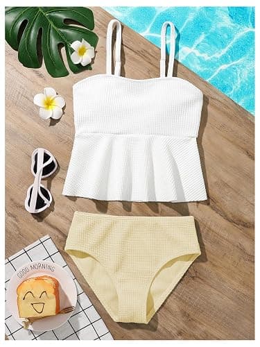 SHENHE Girl's 2 Piece High Waisted Ruffle Waffle Swimsuit Bathing Suit Bikini Sets thumbnail 5