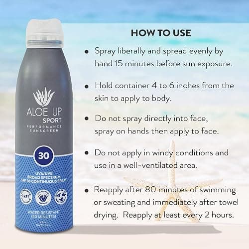 Aloe Up Sport Continuous Spray Sunscreen SPF 30 - Broad Spectrum UVA/UVB Sunscreen Protector for Face and Body - With Aloe Vera Gel - Fast Absorbing Sheer Formula - Reef Safe - Fragrance-Free - 6 Oz thumbnail 6