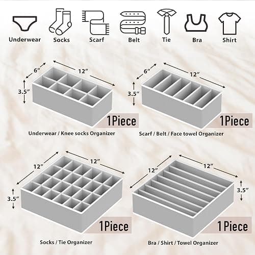 Simple Houseware 4-Pack Drawer Organizer Set - Closet Dividers for Underwear, Socks, Bras, Scarves, Ties - Foldable Non-Woven Storage Boxes, Gray thumbnail 3