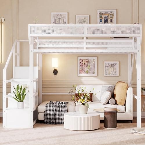 Mirightone Full Size Loft Bed with Stairs and Storage, Metal Loft Bed Frame with Bedside Shelf and Large Under-Bed Space, Heavy-Duty Loft Beds for Adults Teens and Kids, Convertible Staircase, White thumbnail 7