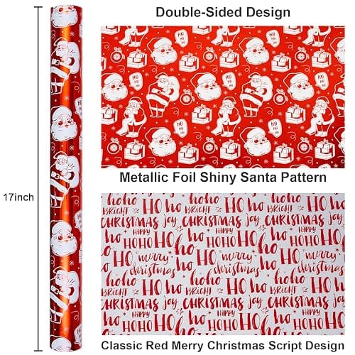 Yarcony Reversible Christmas Wrapping Paper Roll,Red Wrapping Paper, Metallic Foil Red Santa, HOHO Pattern Holiday Gift Wrap Paper for Christmas, Party, Celebration, New Year (17 Inch X 33 Feet) thumbnail 3