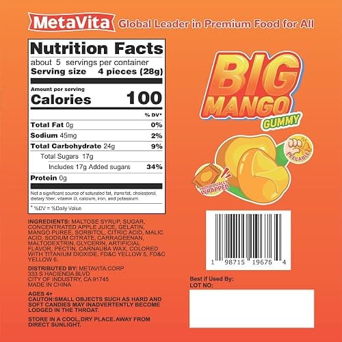 (2 Pack 10oz) MetaVita - Big Mango Gummy Candy – Individually Wrapped Peelable Mango Gummies candy with Real Puree – Chewy, Gluten-Free-Total 282g thumbnail 2