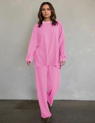 MISSACTIVER Women's 2 Piece Striped Lounge Set Long Sleeve Oversized T-Shirt Wide Leg Pants Matching Pajamas Set thumbnail 5
