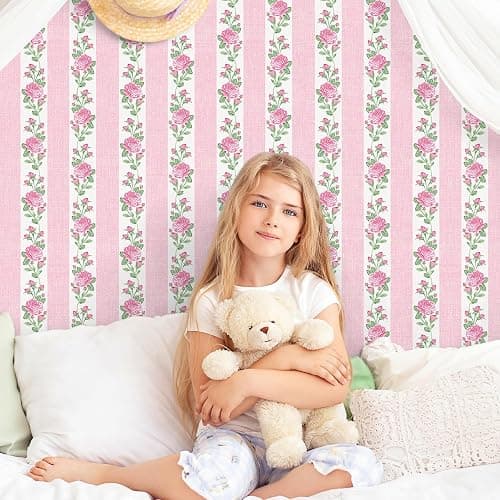 FYSUIMU Floral Striped Peel and Stick Wallpaper Roll Vintage Pink Rose Flower Stripe Contact Paper Self-Adhesive Wall Decoration for Farmhouse Home Bedroom Bathroom, 17 in x 10 Ft thumbnail 7