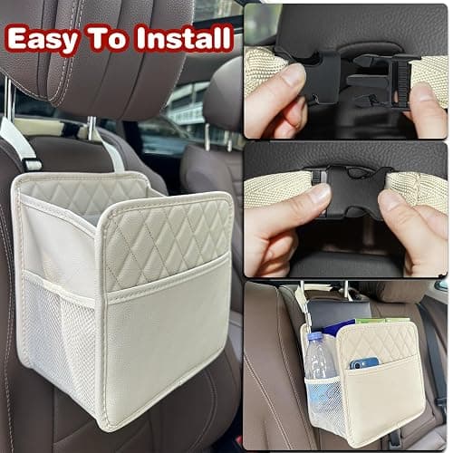Witaxima Upgrade Car Seat Organizer Backseat with Storage Pockets, Multipurpose Car Organizer Hanging, Car Trash Bag Can,Premium PU Leather Garbage Can 2.14 Gallon Large Capacity Accessories Beige thumbnail 6