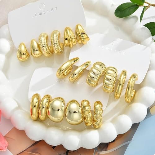 42 Pairs Gold Hoop Earrings Set for Women, Fashion Chunky Pearl Earrings Multipack Twisted Statement Earring Pack, Hypoallergenic Small Big Hoops Earrings for Birthday Party thumbnail 6