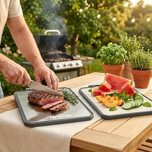 HOMEEZEE Double Sided Cutting Boards for Kitchen, Stainless Steel Cutting Board for Meat, Wheat Straw PP Large Chopping Board for Vegetables, Easy to Clean, Juice Grooves, 16"L * 11"W thumbnail 4