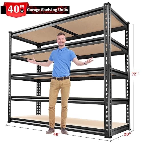 REIBII 2500LBS Garage Shelving 72''H Storage Shelves 40" W Metal Shelving 5 Tier Metal Shelves Adjustable Pantry Shelf for Closet Pantry Basement Kitchen Warehouse 72" H x 40" W x 20" D thumbnail 3