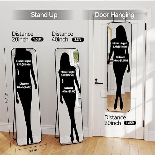 SCWF-GZ 57x16 Door Hanging Full Length Mirror, Floor Stand (Height 5.7ft just Body in1.3ft) Wall Mounted Metal Frame Rectangle Dressing Mirrors for Bedroom Bathroom Room 57 inch Black thumbnail 2