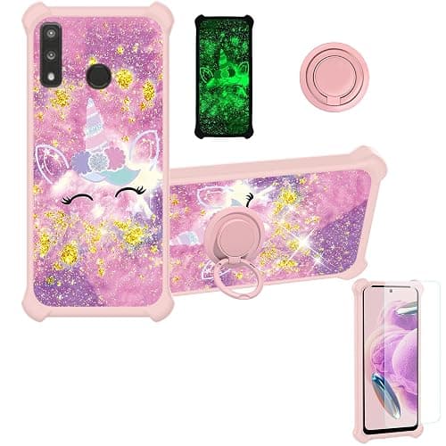 Kinetijy Case Compatible for Teracube 2E Phone Case Cover [with 1* Tempered Glass Screen Protector][Hard PC + Soft Silicone][Ring Support] [Gold Glitter+Luminous] JSF-DJS - Image 1