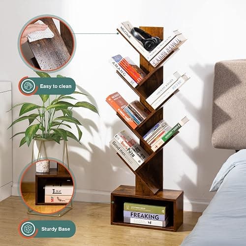 Yoobure Tree Bookshelf - 6 Shelf Retro Floor Standing Bookcase, Tall Wood Book Storage Rack for CDs/Movies/Books, Utility Book Organizer Shelves for Bedroom, Living Room, Home Office, Rustic Brown thumbnail 7